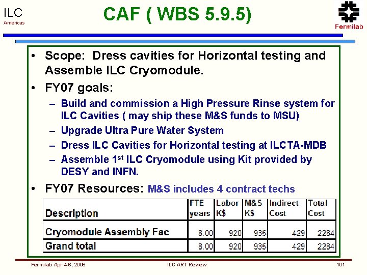 CAF ( WBS 5. 9. 5) ILC Americas • Scope: Dress cavities for Horizontal