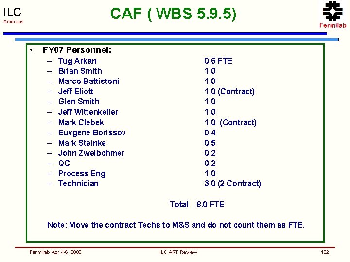 CAF ( WBS 5. 9. 5) ILC Americas • FY 07 Personnel: – –