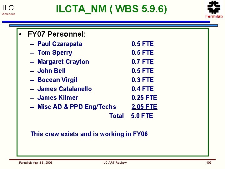 ILCTA_NM ( WBS 5. 9. 6) ILC Americas • FY 07 Personnel: – –