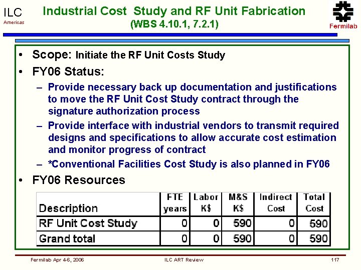 ILC Industrial Cost Study and RF Unit Fabrication (WBS 4. 10. 1, 7. 2.