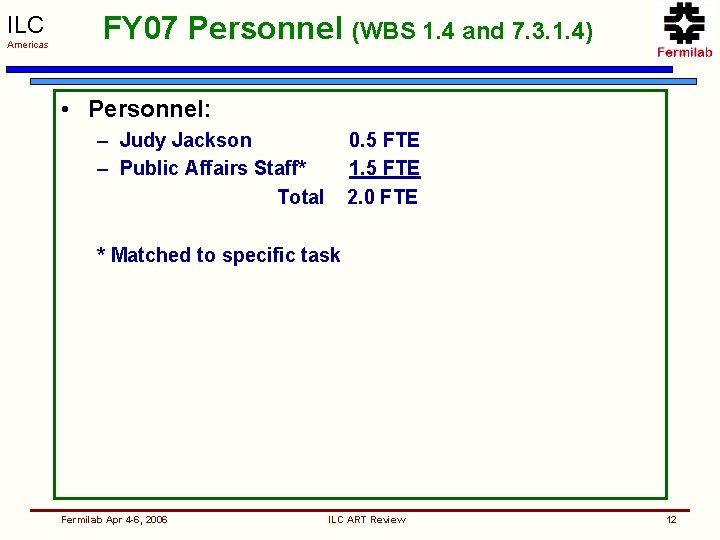 ILC Americas FY 07 Personnel (WBS 1. 4 and 7. 3. 1. 4) •