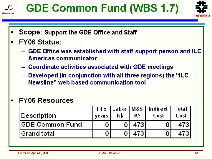 ILC Americas GDE Common Fund (WBS 1. 7) • Scope: Support the GDE Office