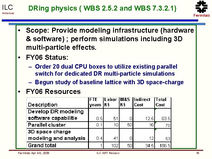 ILC Americas DRing physics ( WBS 2. 5. 2 and WBS 7. 3. 2.