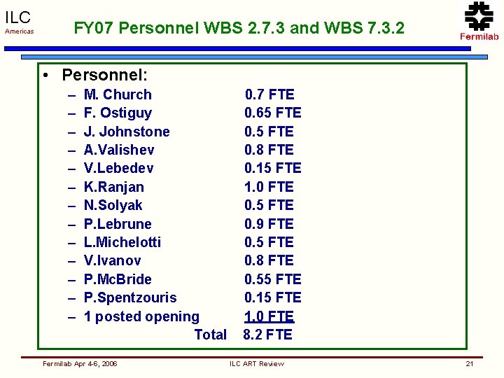 ILC Americas FY 07 Personnel WBS 2. 7. 3 and WBS 7. 3. 2
