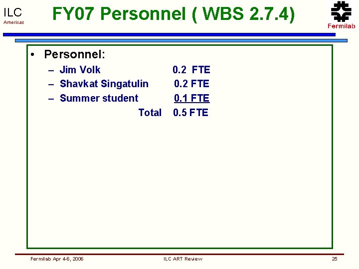 ILC Americas FY 07 Personnel ( WBS 2. 7. 4) • Personnel: – Jim