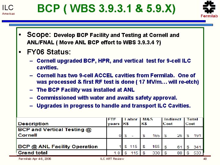 ILC Americas BCP ( WBS 3. 9. 3. 1 & 5. 9. X) •