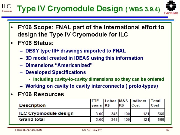 ILC Americas Type IV Cryomodule Design ( WBS 3. 9. 4) • FY 06