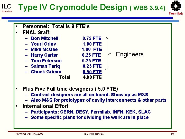ILC Americas Type IV Cryomodule Design ( WBS 3. 9. 4) • Personnel: Total