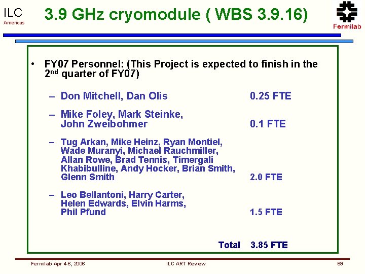ILC Americas 3. 9 GHz cryomodule ( WBS 3. 9. 16) • FY 07