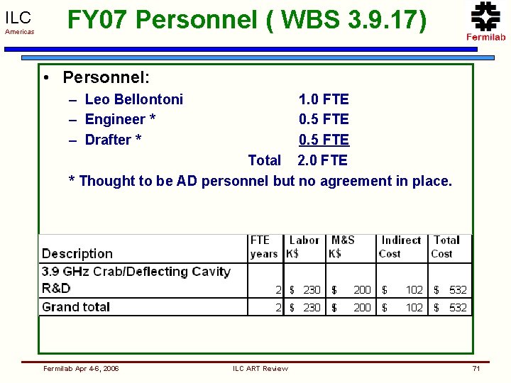 ILC Americas FY 07 Personnel ( WBS 3. 9. 17) • Personnel: – Leo