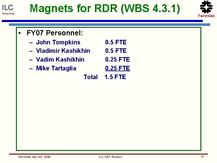 ILC Americas Magnets for RDR (WBS 4. 3. 1) • FY 07 Personnel: –
