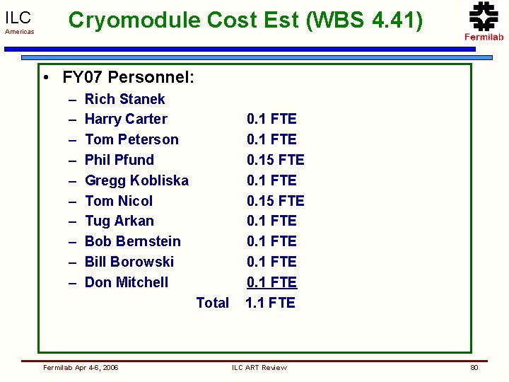 ILC Americas Cryomodule Cost Est (WBS 4. 41) • FY 07 Personnel: – –