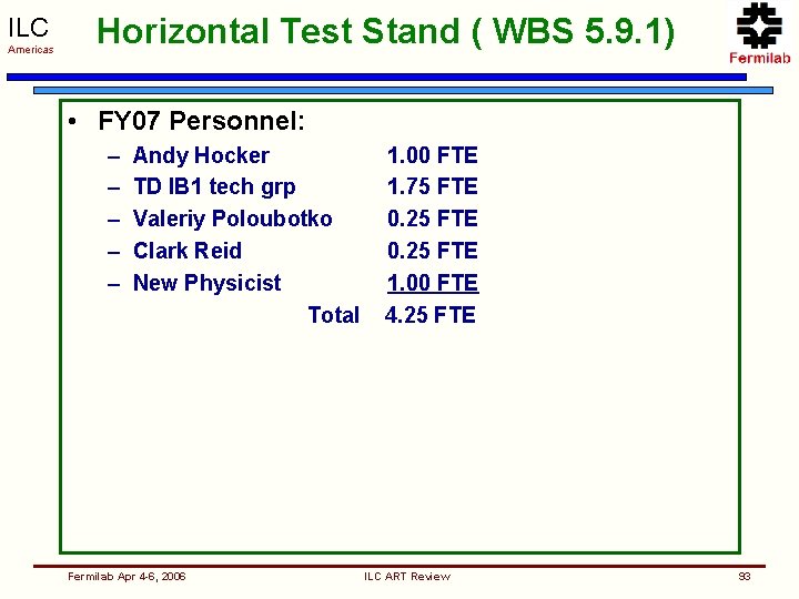 ILC Americas Horizontal Test Stand ( WBS 5. 9. 1) • FY 07 Personnel: