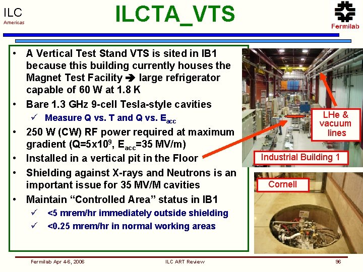 ILCTA_VTS ILC Americas • A Vertical Test Stand VTS is sited in IB 1