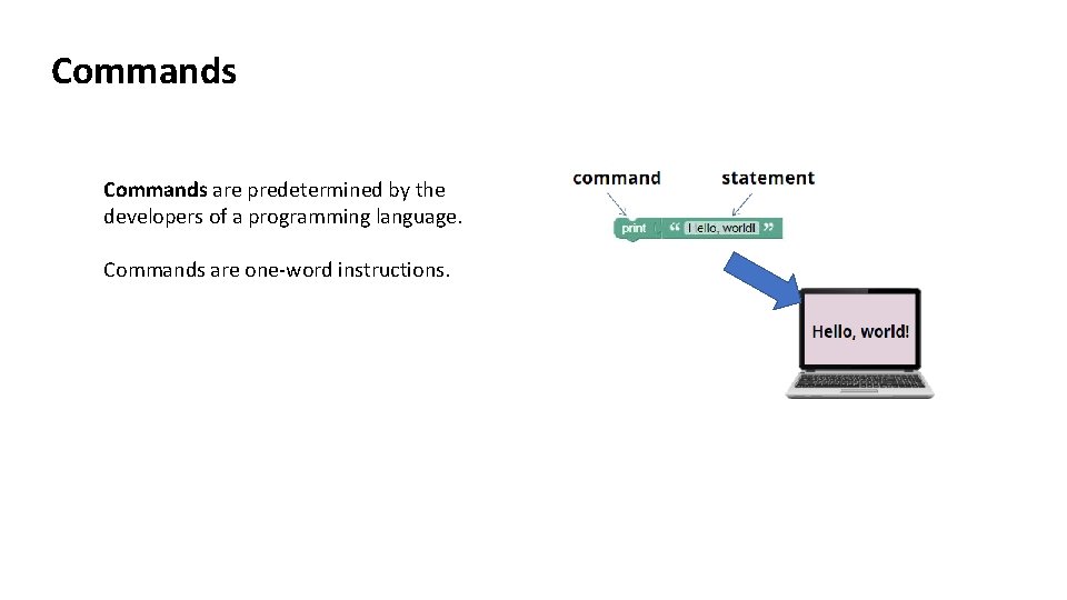 Commands are predetermined by the developers of a programming language. Commands are one-word instructions. Commands are predetermined by the developers of a programming language. Commands are one-word instructions.