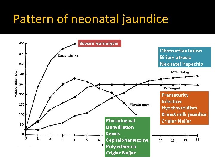 Pattern of neonatal jaundice Severe hemolysis Obstructive lesion Biliary atresia Neonatal hepatitis Physiological Dehydration