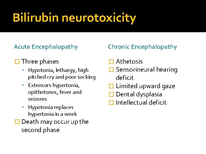 Bilirubin neurotoxicity Acute Encephalopathy Chronic Encephalopathy � Three phases � Athetosis � Sensorineural hearing