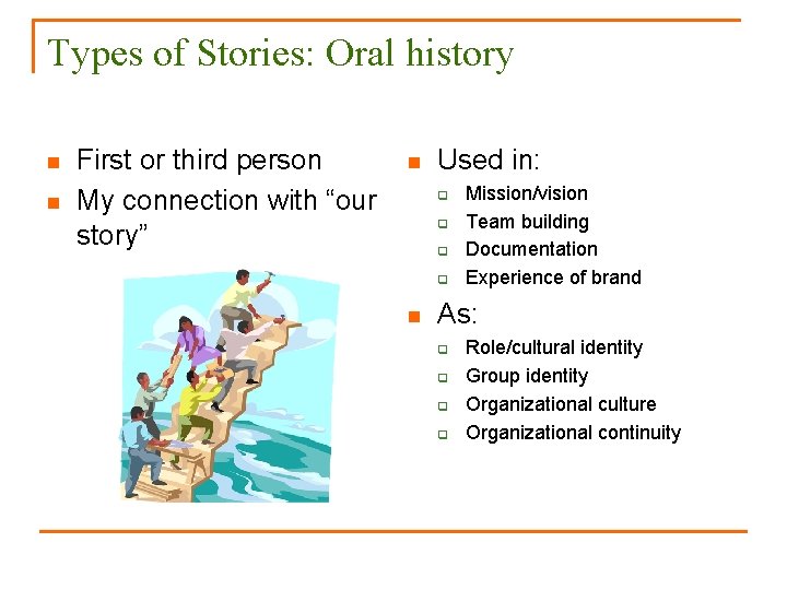 Types of Stories: Oral history n n First or third person My connection with