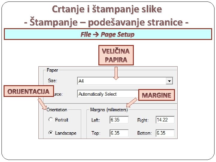 Crtanje i štampanje slike - Štampanje – podešavanje stranice File → Page Setup 