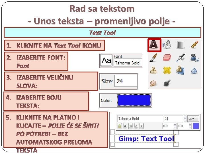 Rad sa tekstom - Unos teksta – promenljivo polje Text Tool Font Size Color
