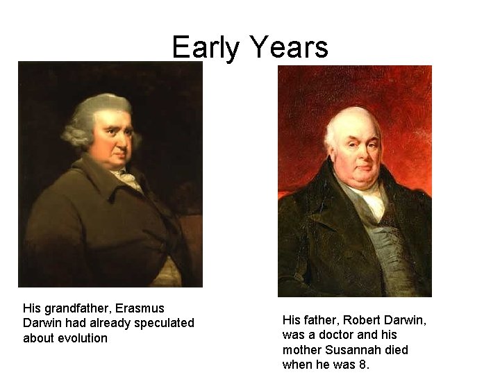Early Years His grandfather, Erasmus Darwin had already speculated about evolution His father, Robert