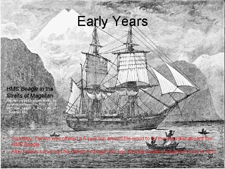 Early Years HMS Beagle in the Straits of Magellan http: //en. wikipedia. org/wiki/HMS_Be agle#mediaviewer/File: