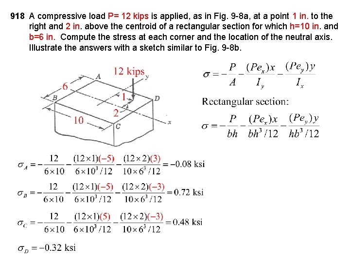 918 A compressive load P= 12 kips is applied, as in Fig. 9 -8