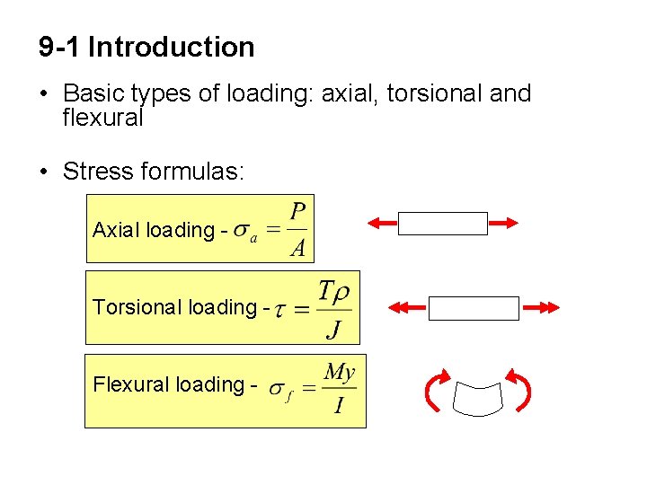 9 -1 Introduction • Basic types of loading: axial, torsional and flexural • Stress