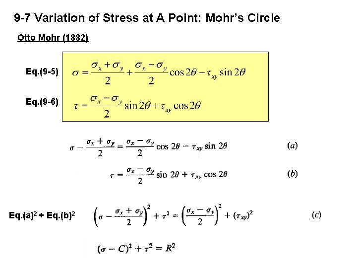 9 -7 Variation of Stress at A Point: Mohr’s Circle Otto Mohr (1882) Eq.