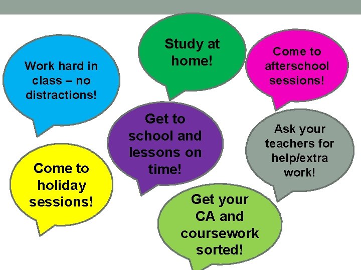 Work hard in class – no distractions! Come to holiday sessions! Study at home!