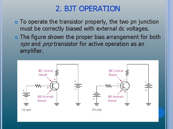 2. BJT OPERATION To operate the transistor properly, the two pn junction must be