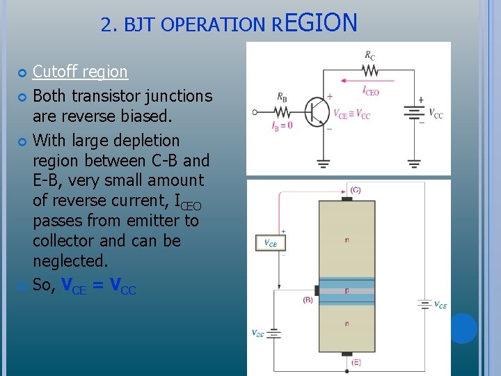 2. BJT OPERATION REGION Cutoff region Both transistor junctions are reverse biased. With large