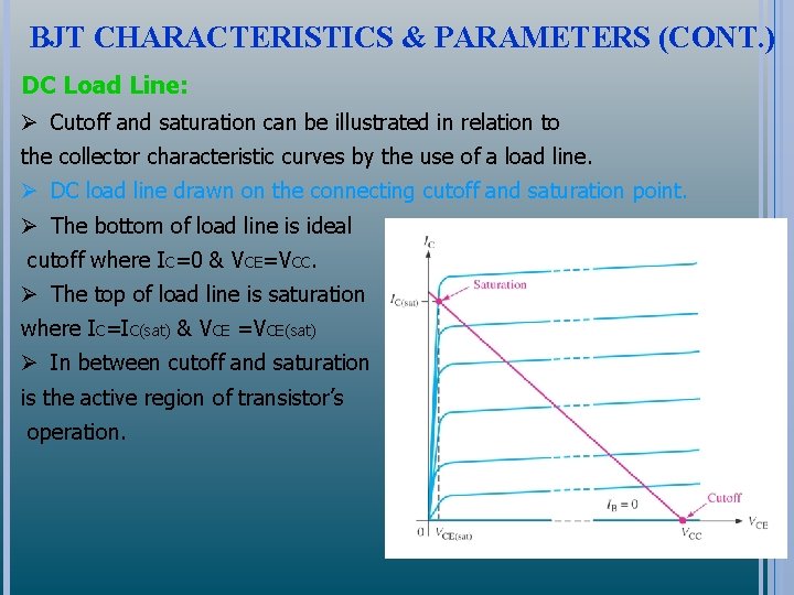 BJT CHARACTERISTICS & PARAMETERS (CONT. ) DC Load Line: Ø Cutoff and saturation can