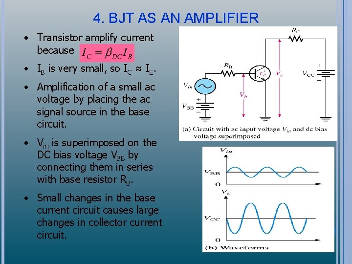 4. BJT AS AN AMPLIFIER • Transistor amplify current because • IB is very