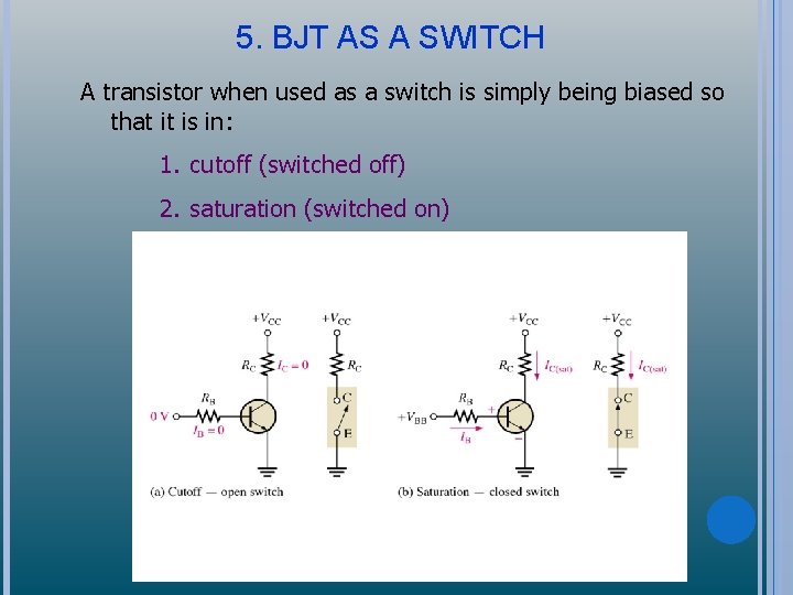 5. BJT AS A SWITCH A transistor when used as a switch is simply