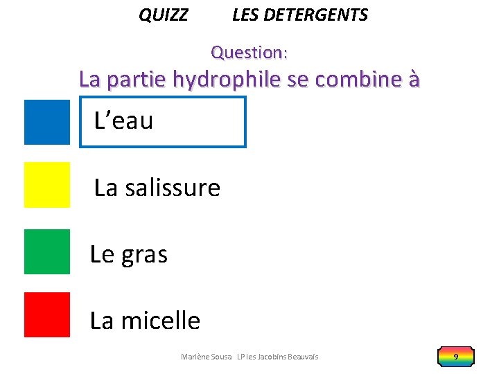 QUIZZ LES DETERGENTS Question: La partie hydrophile se combine à L’eau La salissure Le