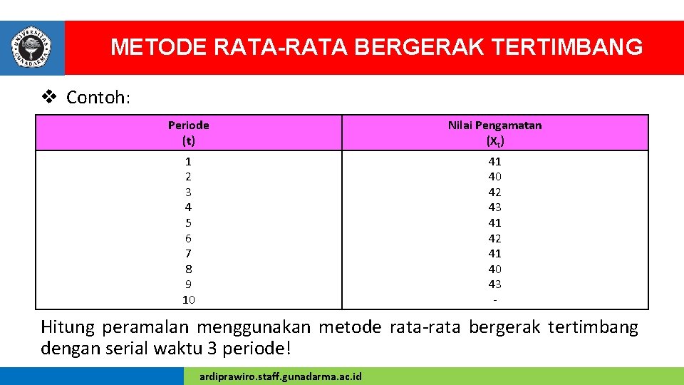 METODE RATA-RATA BERGERAK TERTIMBANG v Contoh: Periode (t) Nilai Pengamatan (Xt) 1 2 3