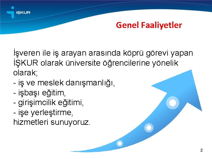 Genel Faaliyetler İşveren ile iş arayan arasında köprü görevi yapan İŞKUR olarak üniversite öğrencilerine