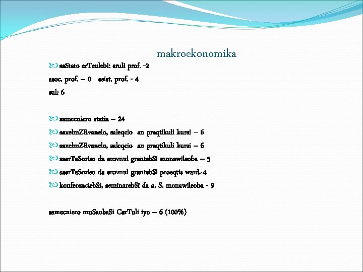  sa. Stato er. Teulebi: sruli prof. -2 asoc. prof. – 0 asist. prof.