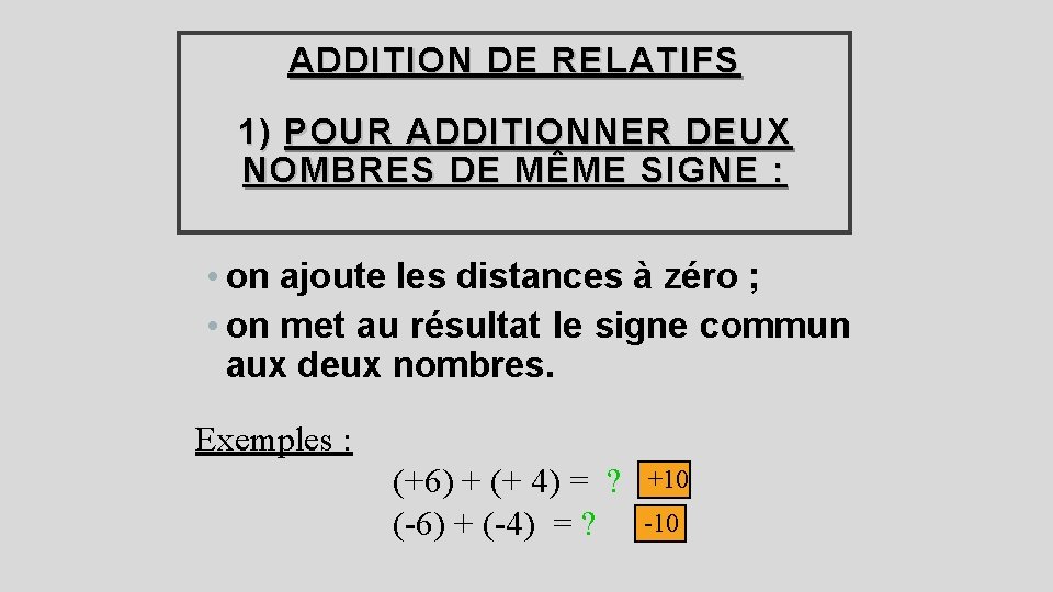 ADDITION DE RELATIFS 1) POUR ADDITIONNER DEUX NOMBRES DE MÊME SIGNE : • on