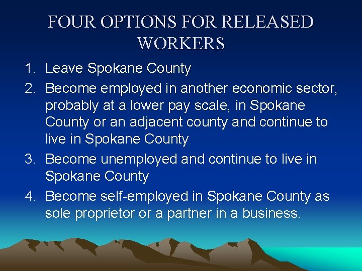 FOUR OPTIONS FOR RELEASED WORKERS 1. Leave Spokane County 2. Become employed in another