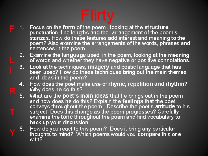 Flirty F L I R 1. 2. 3. 4. 5. T Y 6. Focus Flirty F L I R 1. 2. 3. 4. 5. T Y 6. Focus