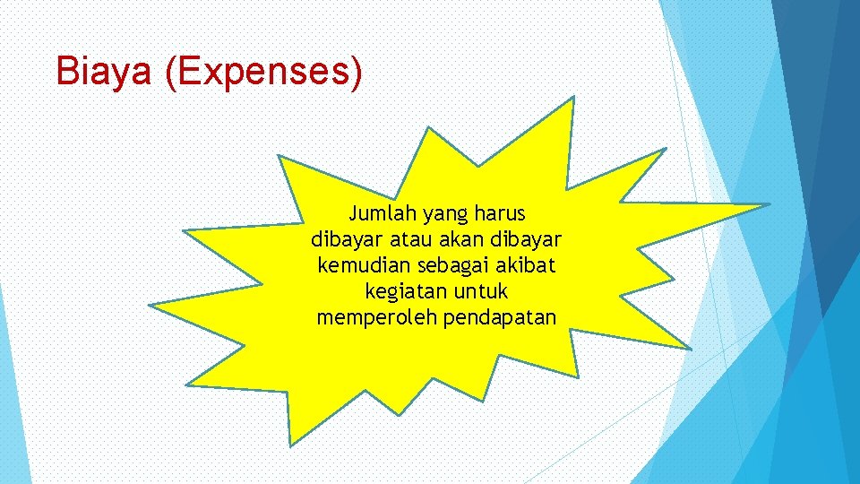 Biaya (Expenses) Jumlah yang harus dibayar atau akan dibayar kemudian sebagai akibat kegiatan untuk