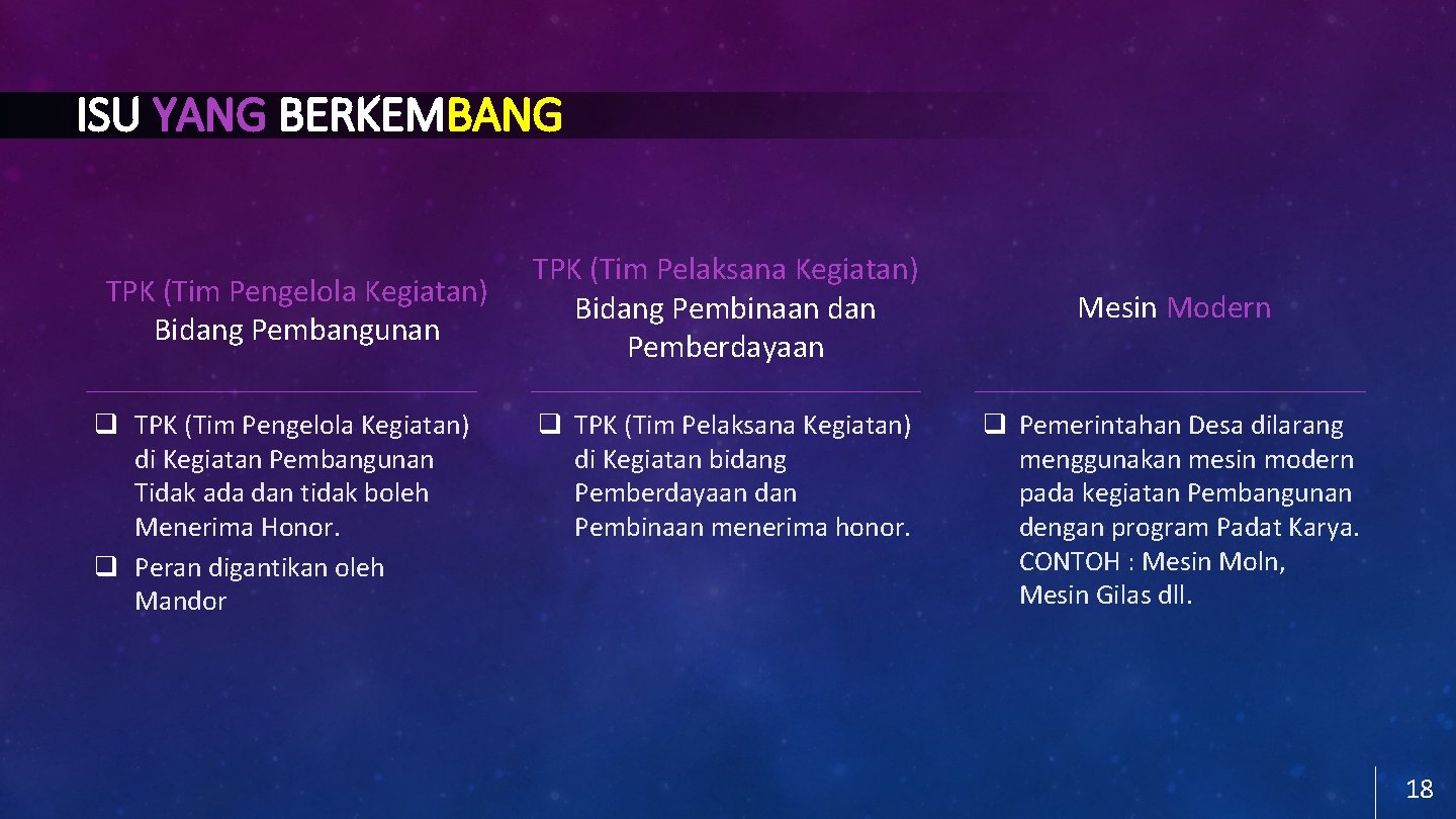 ISU YANG BERKEMBANG TPK (Tim Pengelola Kegiatan) Bidang Pembangunan q TPK (Tim Pengelola Kegiatan)