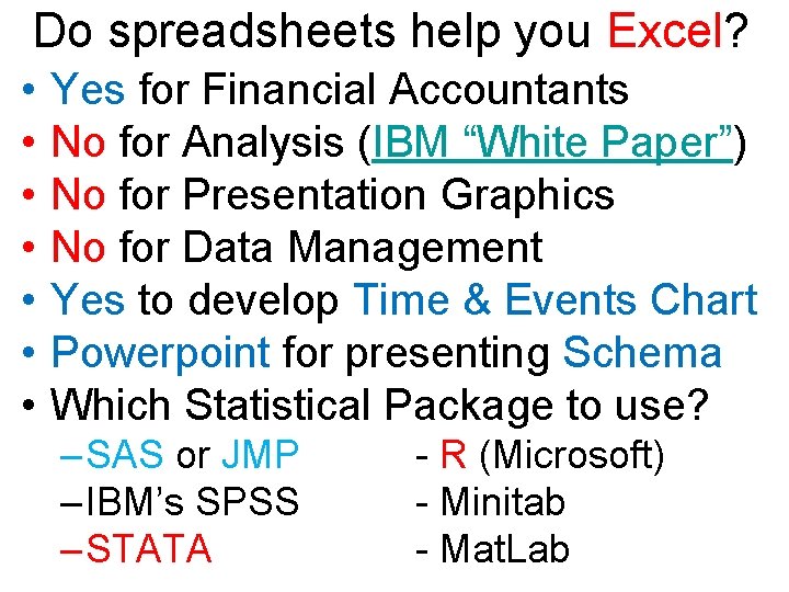 Do spreadsheets help you Excel? • • Yes for Financial Accountants No for Analysis