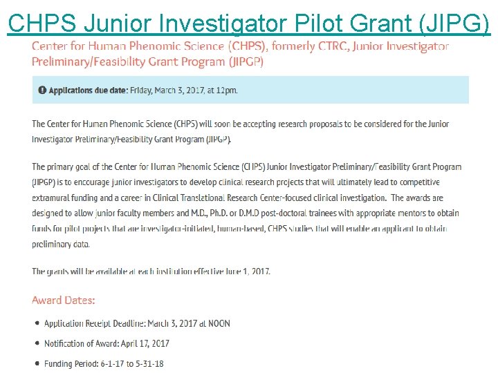 CHPS Junior Investigator Pilot Grant (JIPG) 