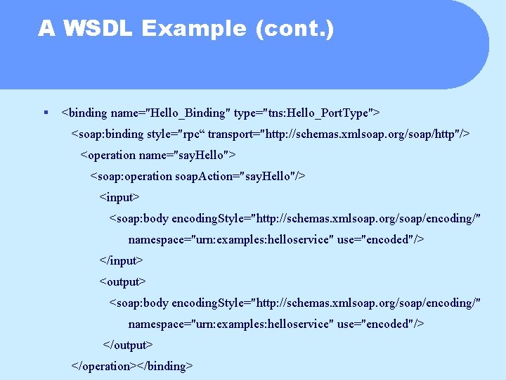 A WSDL Example (cont. ) § <binding name="Hello_Binding" type="tns: Hello_Port. Type"> <soap: binding style="rpc“