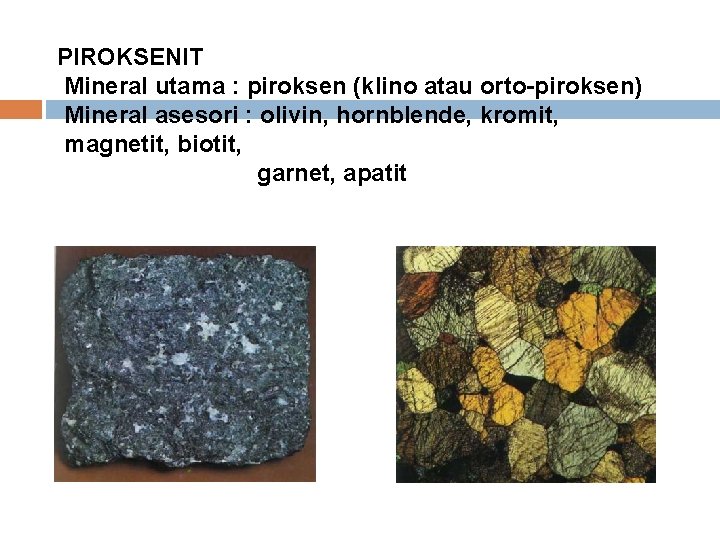 PIROKSENIT Mineral utama : piroksen (klino atau orto-piroksen) Mineral asesori : olivin, hornblende, kromit,