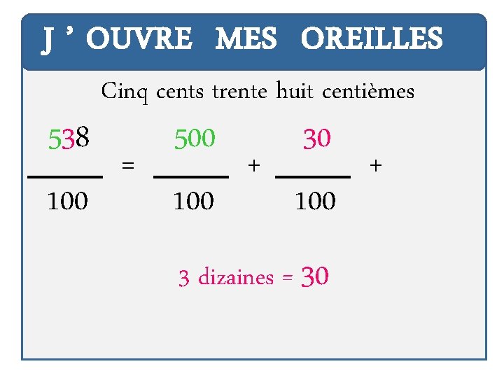 J ’ OUVRE MES OREILLES 538 100 Cinq cents trente huit centièmes = 500