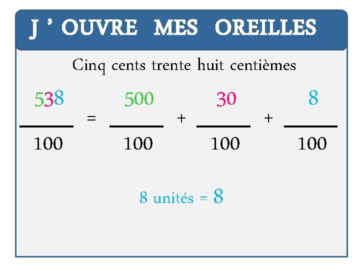 J ’ OUVRE MES OREILLES 538 100 Cinq cents trente huit centièmes = 500